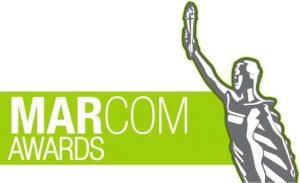 Green and White MarCom Award Logos and Statuette